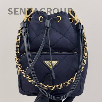 Prada Duet Re-Nylon Mini Bucket Bag Blue Gold Chain Shoulder Bag