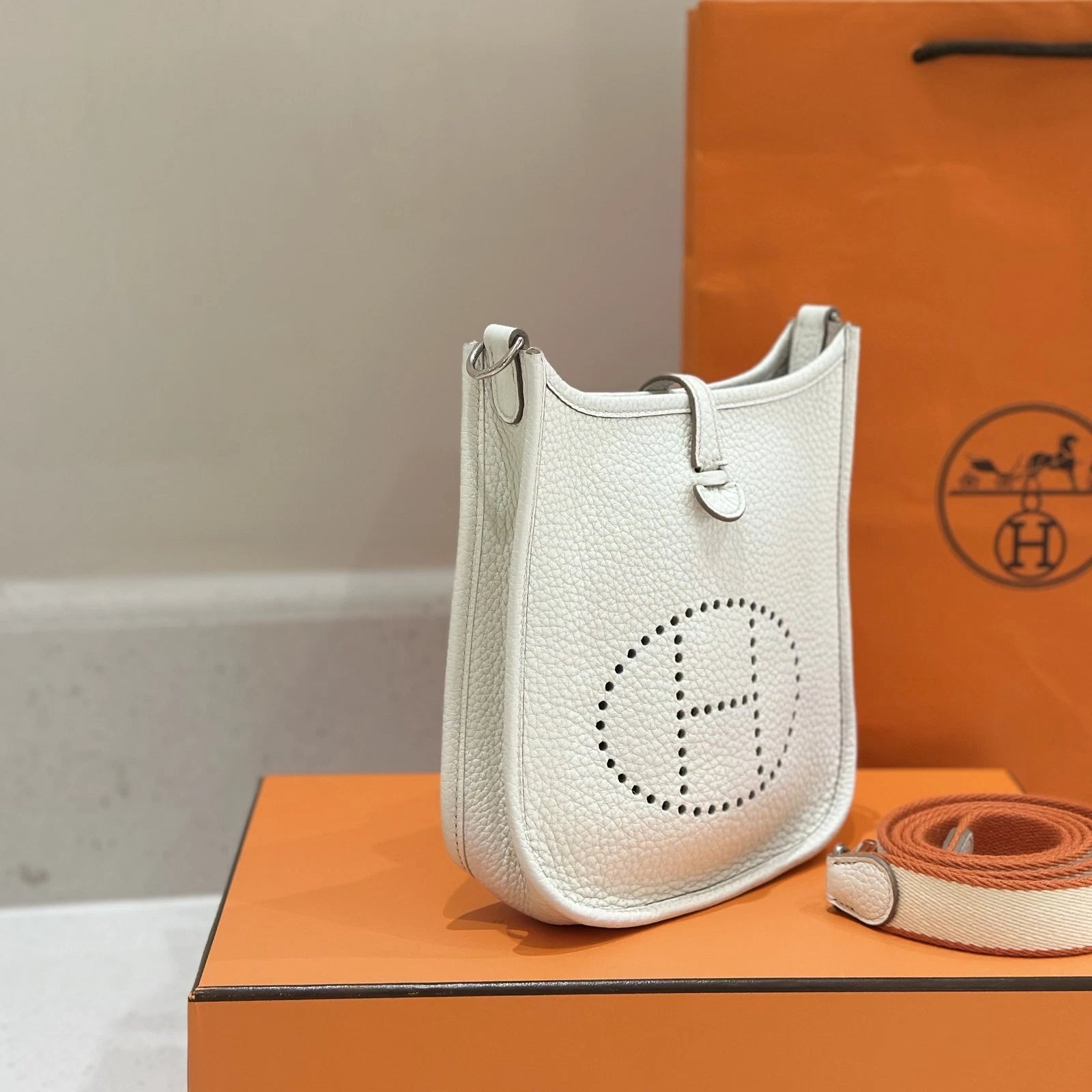 Hermes White Silver Mini Evelyne Crossbody Bag For Women