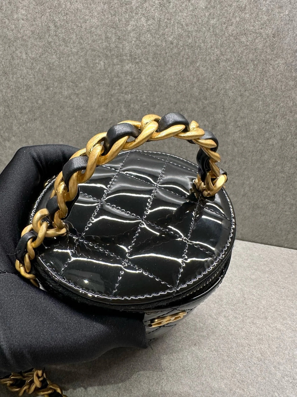 Chanel Black Patent Leather Mini Bucket Cosmetic Bag For Women