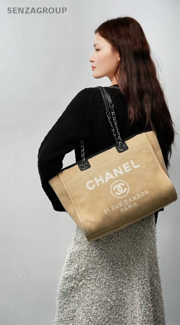 CHANEL Beach Tote Canvas Shoulder Bag Women Beige