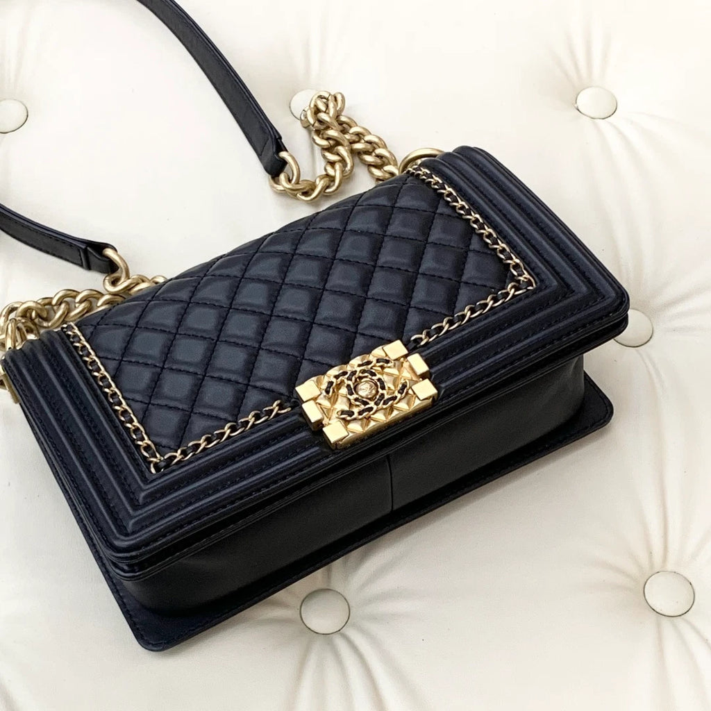 Chanel Leboy MM Chain Shoulder Bag Crossbody Black Gold Diamond Women Classic S
