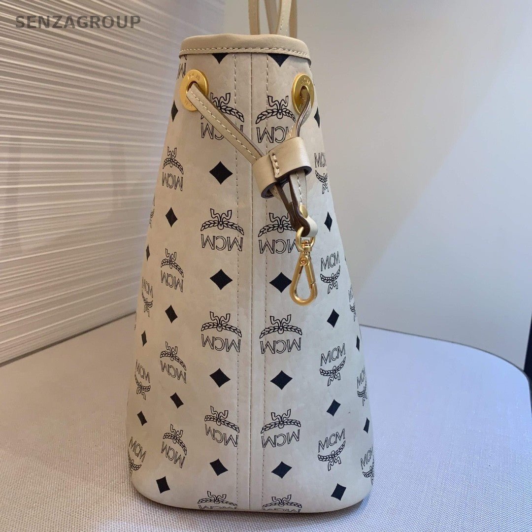 MCM Beige white Classic logo tote Shoulder bag