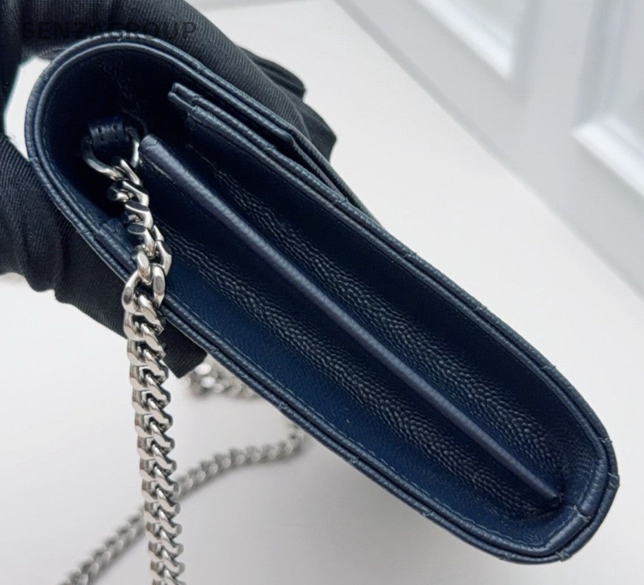 Saint Laurent Calfskin MM Chain Shoulder Bag Crossbody Blue Silver Women Classic