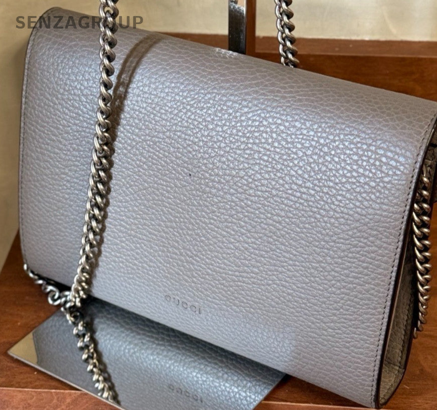 Gucci WOC Calfskin Chain 2Way Shoulder Bag Crossbody Gray Silver Women Classic