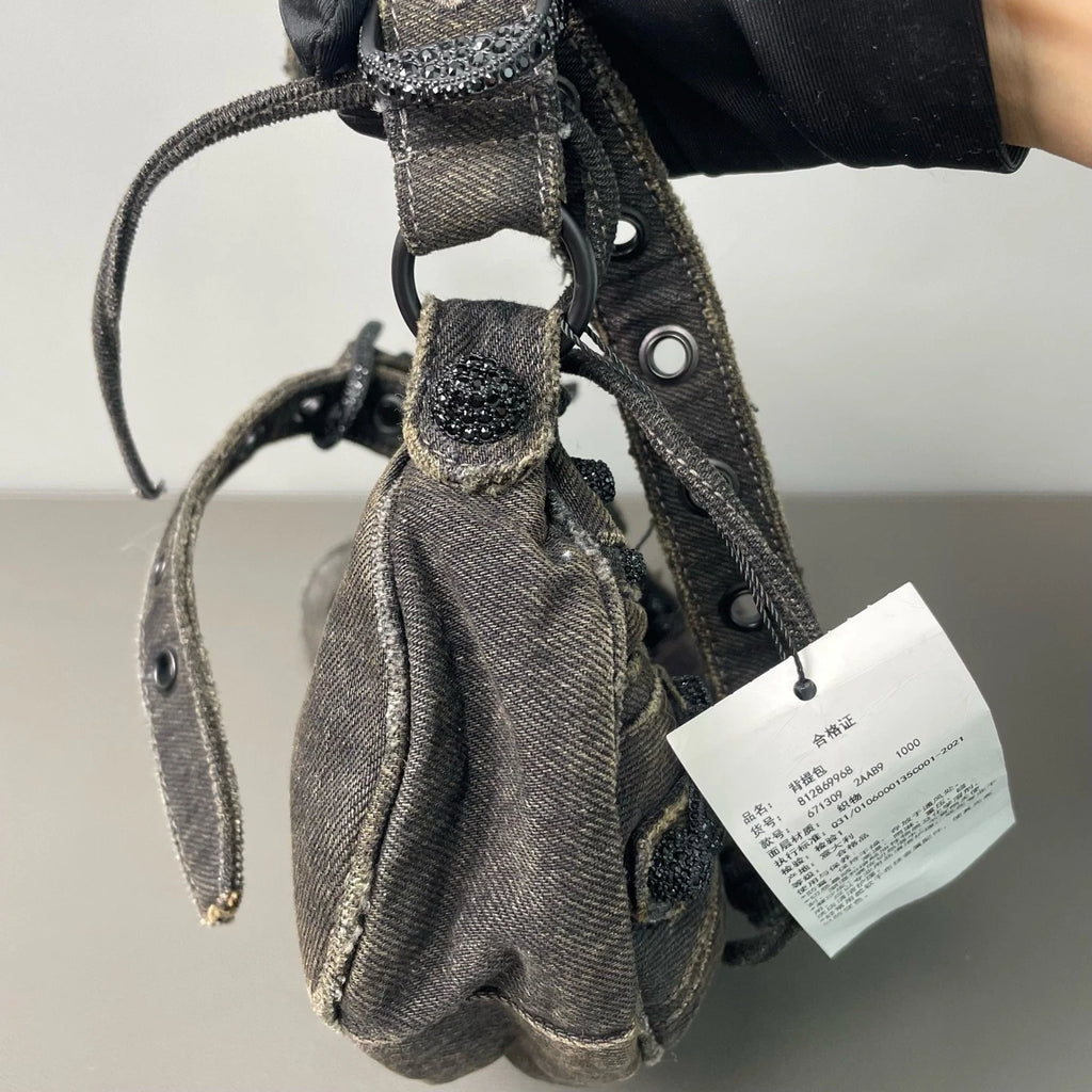 Balenciaga Lecagole XS Denim Motorcycle Bag With Rhinestone Women