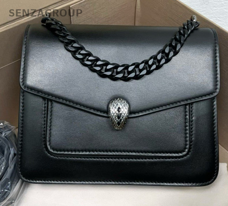 BVLGARI Serpenti Forever Lambskin Shoulder Bag Black Silver Women Designer