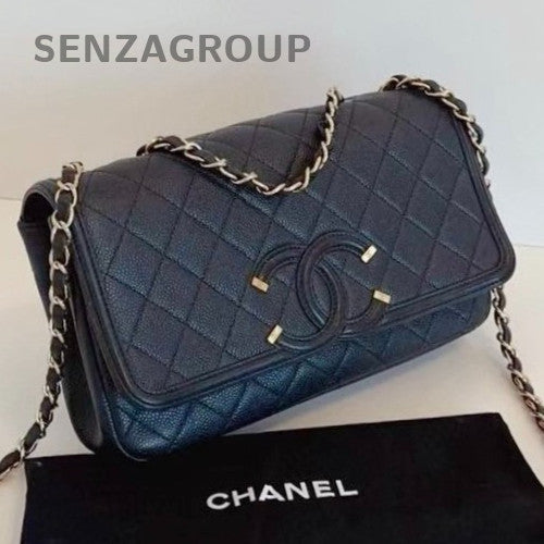 Chanel Classic Flap MM CC Filigree Flag Chain Shoulder Bag Black Women Fashion