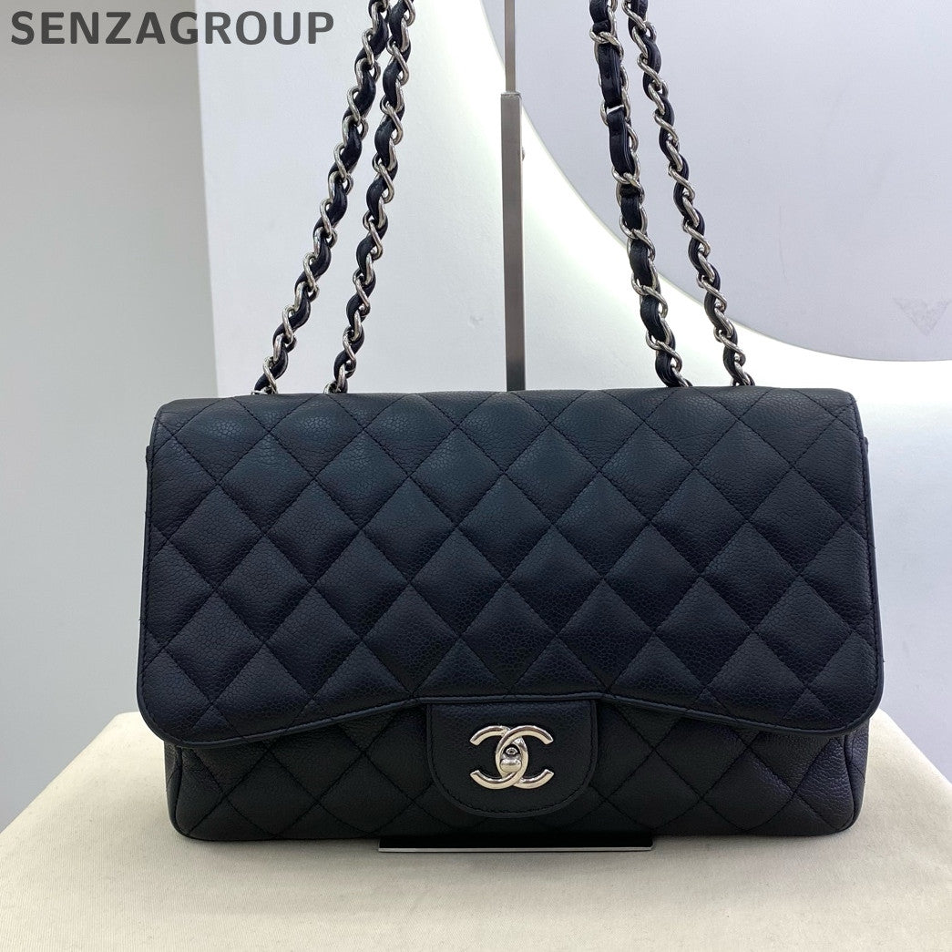 Chanel Classic Flap Jumbo Black Silver Calfskin Chain Shoulder Crossbody Bag