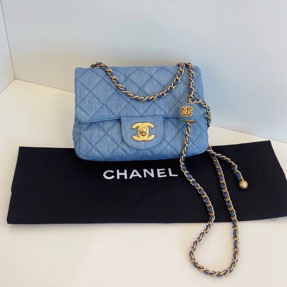 Chanel Classic Flap Denim Chain Shoulder Bag Crossbody Blue Gold Women Fashion
