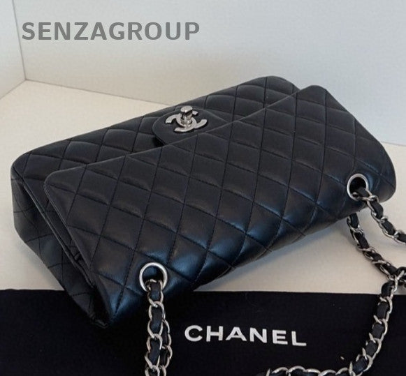 Chanel Classic Flap MM Lambskin Chain Shoulder Bag Crossbody Black Silver Women