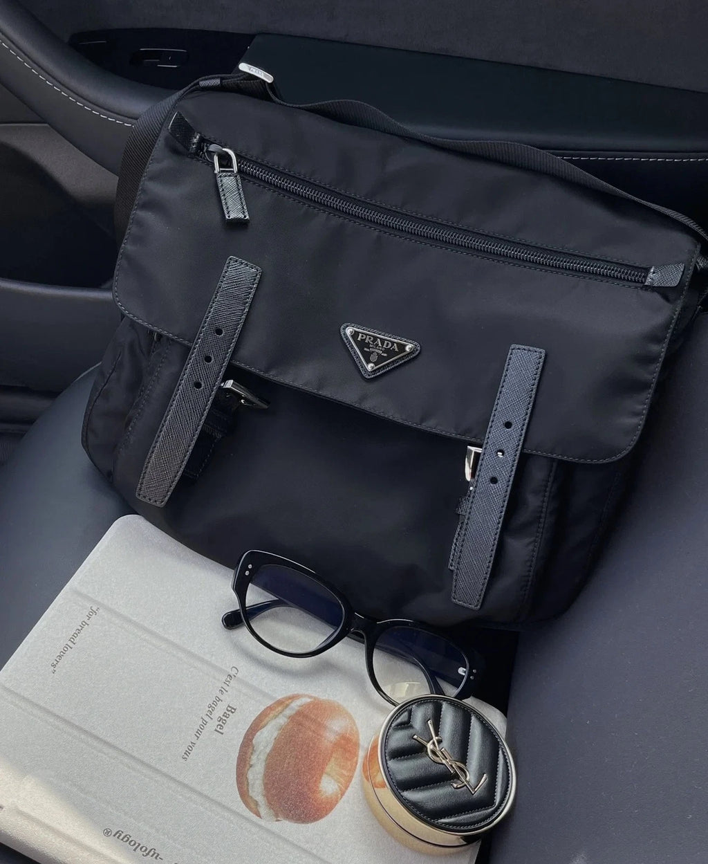 Prada Nylon Message Bag Shoulder Crossbody Bag Black Silver Hardware Unisex