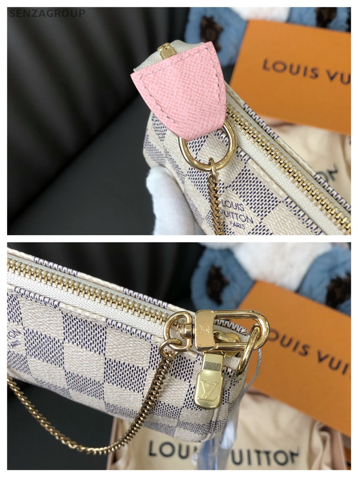 Louis Vuitton Damier Azur Pochette Accessories mini Chain Handbag White Women