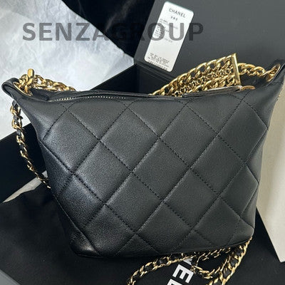 Chanel Quilted Lambskin Black Gold Chain Hobo Shoulder Bag Classic