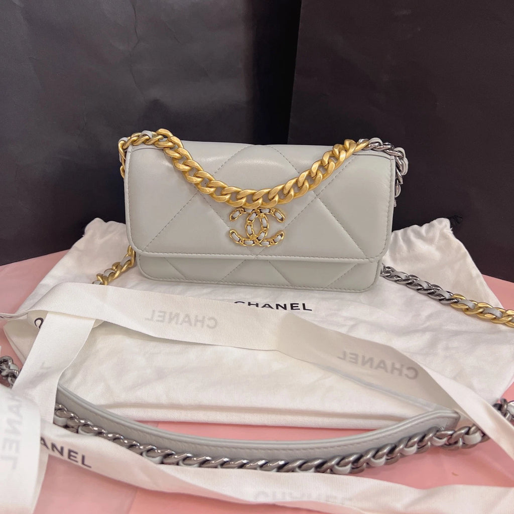 Chanel 19Bag WOC Mini Chain Top Handle Crossbody Gray Gold Used Women Classic