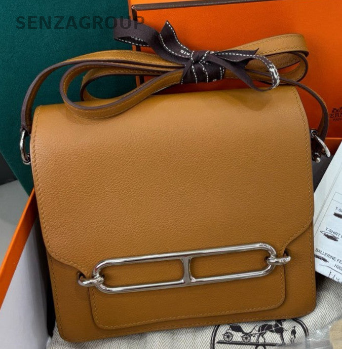 Hermes Mini Roulis 19 Ec Leather Crossbody Brown Pink Silver Women Designer