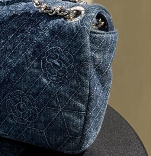 Chanel Classic Flap Denim MM Double Chains Shoulder Bag Blue Women Designer