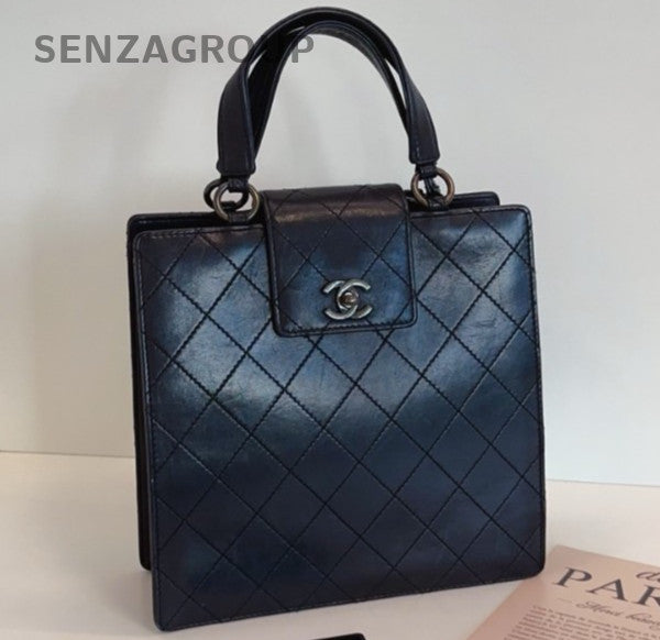 Chanel Diamond Vintage Tote Handbag Black Silver Used Women Classic