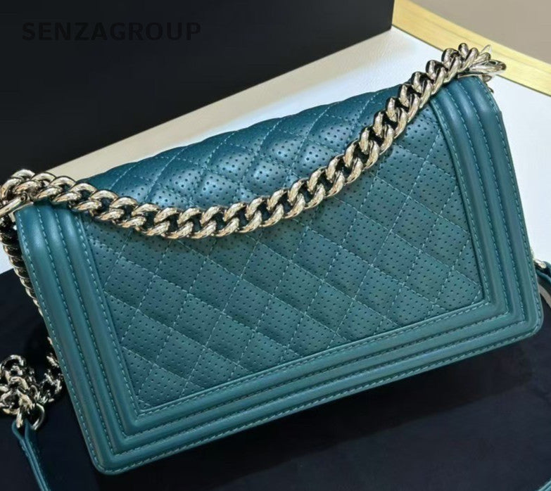 Chanel Leboy MM Chain Shoulder Bag Crossbody Green Silver Diamond Women Classic