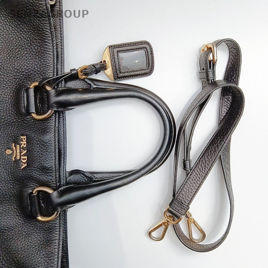 Prada Calfskin 2Way Handbag Crossbody Black Gold Used Women Classic Fashion