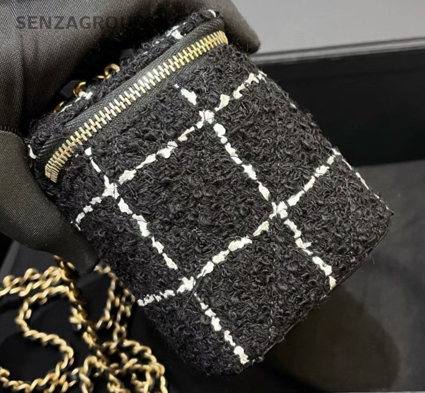 Chanel Tweed Long Box Chain Shoulder Bag Crossbody Black Gold Women Classic