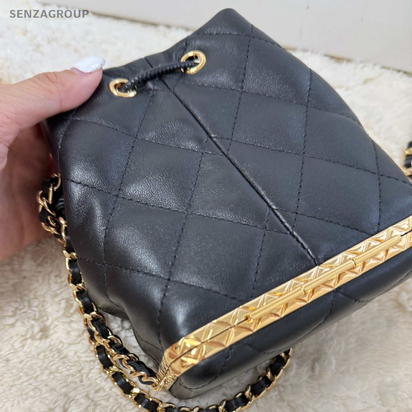 Chanel 22S Mini Bucket Bag Black Gold Quilted Lambskin Shoulder Crossbody