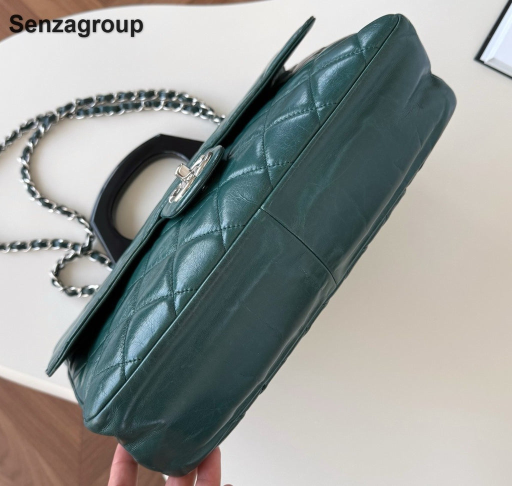 Chanel Diamond Chain Top Handle Shoulder Crossbody Green Silver Women Classic