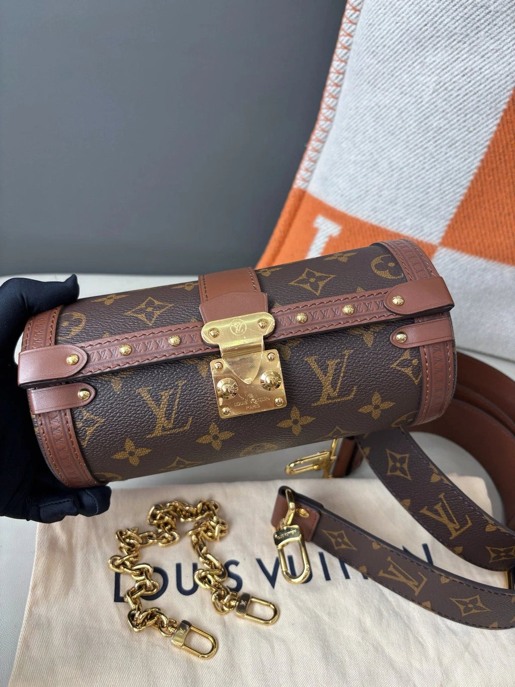 Louis Vuitton Papillon Chain Shoulder Bag Crossbody Brown Gold Women Classic