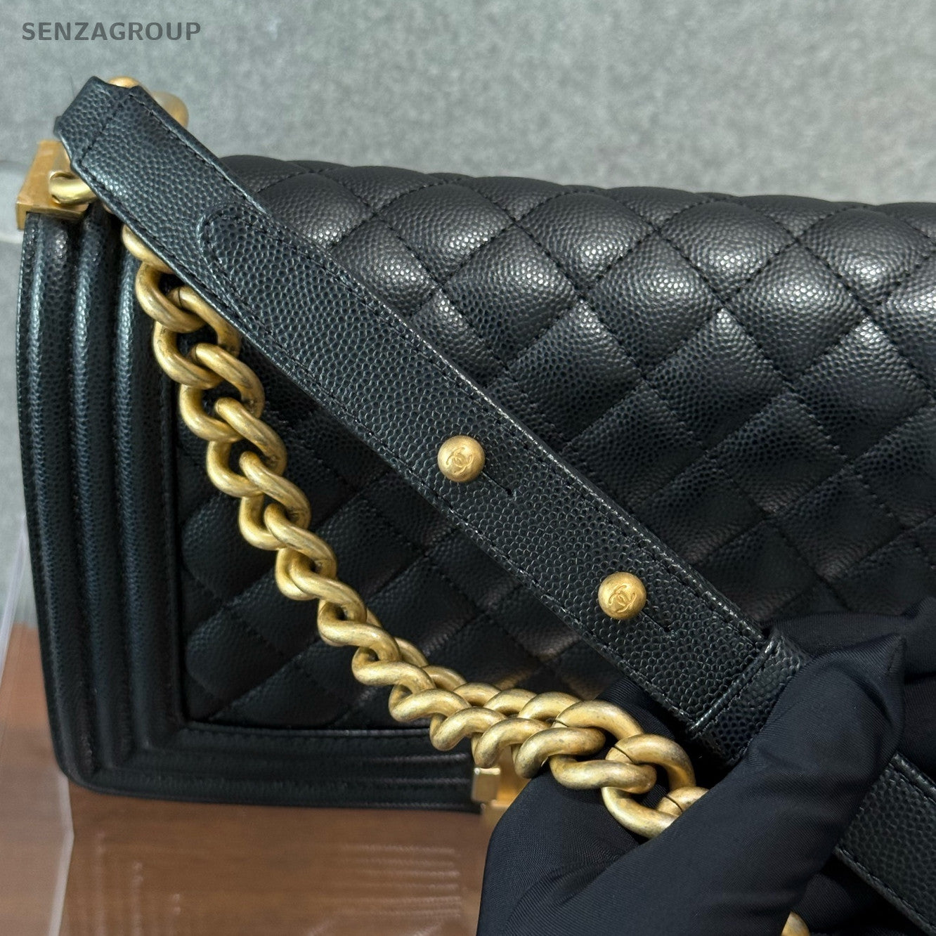 Chanel Black Caviar Leather Le Boy Medium Chain Shoulder Bag Classic Women