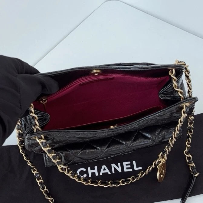 Chip Version Chanel Hobo MM Diamond Gold Chain Black Shoulder Bag Crossbody