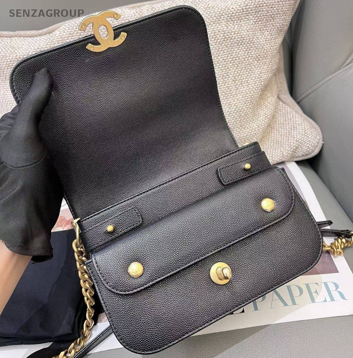 Chanel Diamond Chain Shoulder Bag Crossbody Black Gold Women Classic Fashion