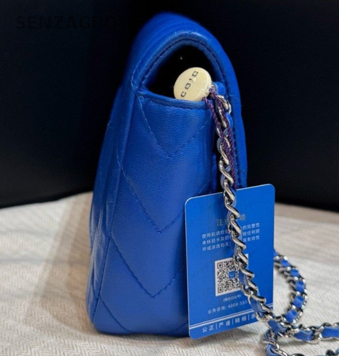 Chanel Classic Flap Mini Lambskin Chain Shoulder Bag Crossbody Blue Silver Women