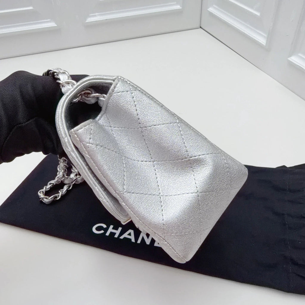 Chanel Classic Flap MINI Chain Shoulder Crossbody Bag Silver Women Classic