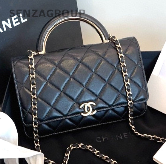 Chanel Diamond 3Way Top Handle Bag Chain Shoulder Bag Crossbody Black Gold Women