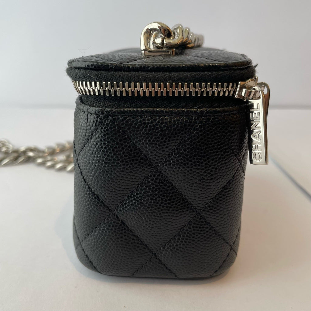 Chanel Vanity Case Mini Calfskin Chain Shoulder Bag Crossbody Black Silver Women