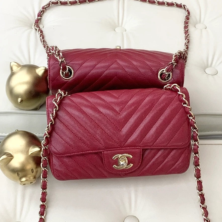 Chanel Classic Flap Mini Chain Calfskin Shoulder Bag Crossbody Red Gold Women S