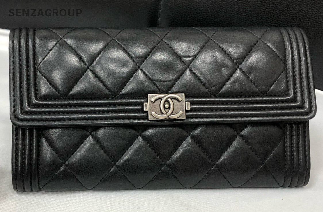 Chanel Lambskin Clutch Black Silver Diamond Women Classic