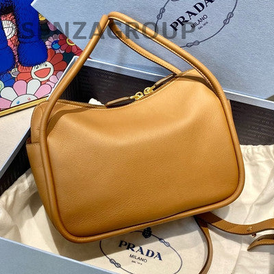 Prada Soft Grain Leather Brown Handbag Shoulder Bag Classic Logo