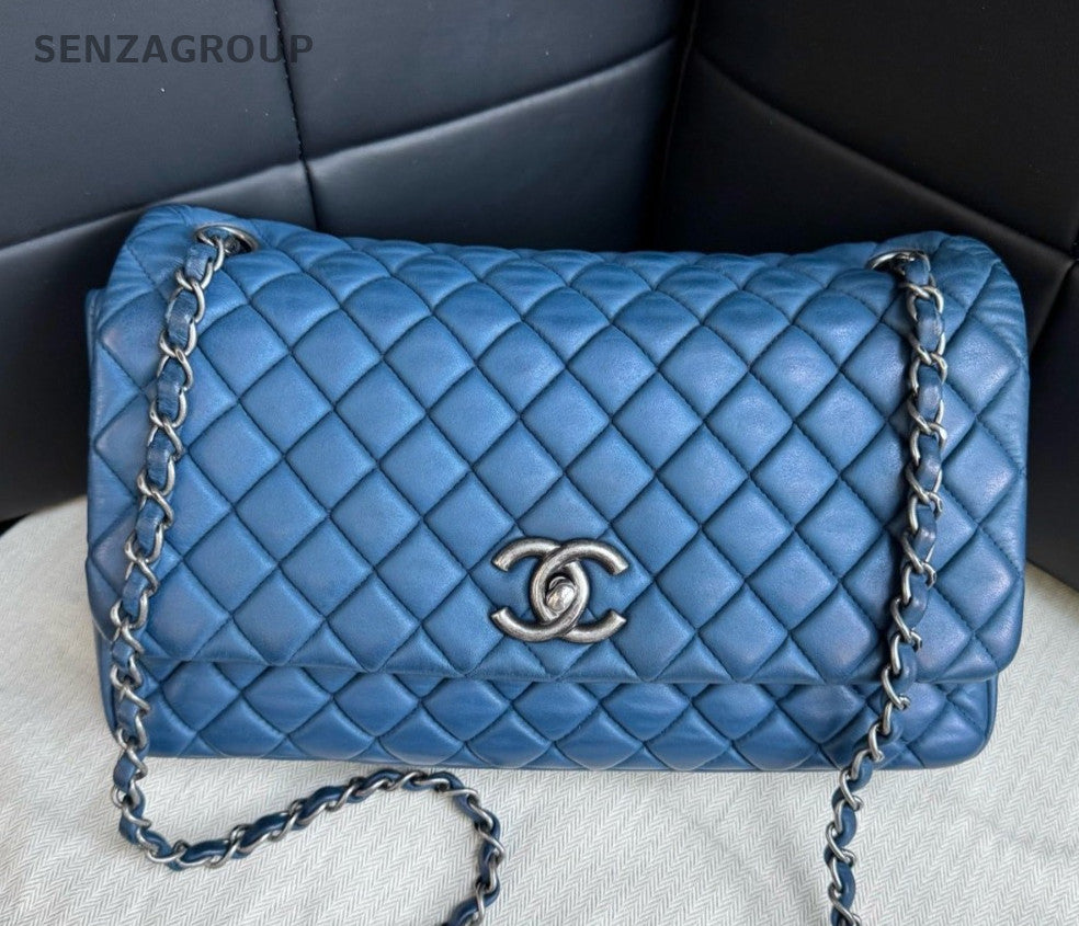 Chanel Classic Flap Chain Calfskin Shoulder Bag Crossbody Blue Silver Women