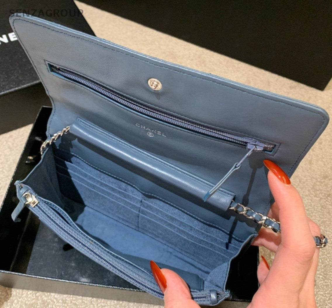Chanel WOC Chain Lambskin Crossbody Blue Silver Used Women Classic