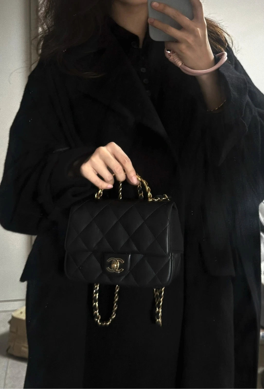 CHANEL Black Gold Lambskin Enamel Handle Crossbody Bag For Women