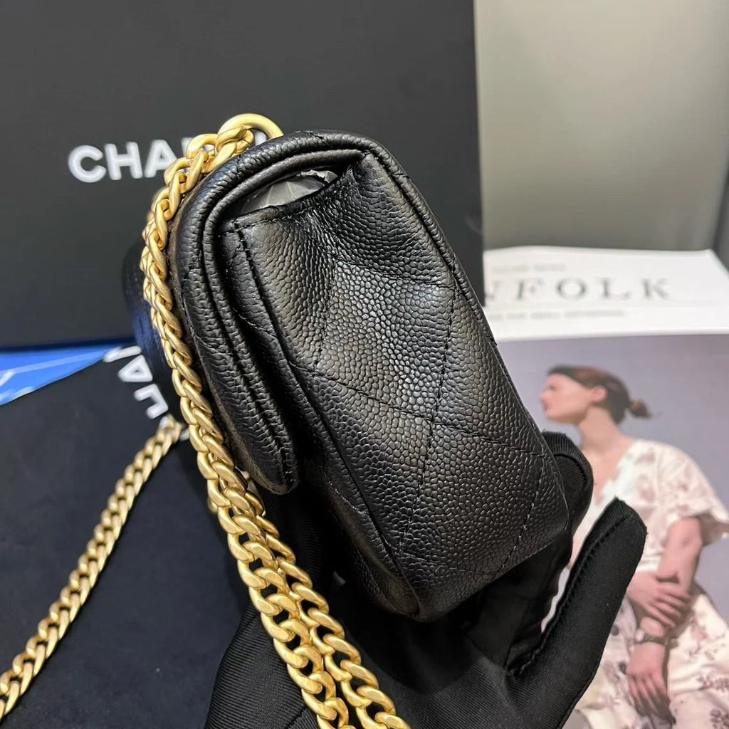 Chanel Calfskin Chain Shoulder Bag Crossbody Black Gold Diamond Women Classic
