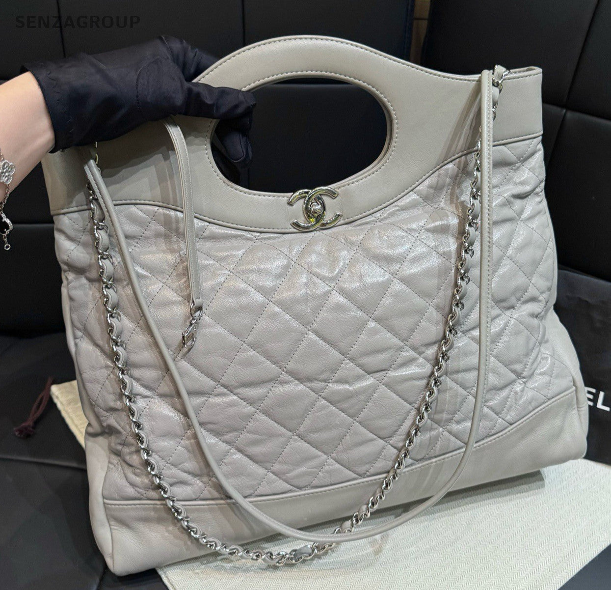 Chanel 31Bag Calfskin Chain Shoulder Bag Gray Silver Women Classic Diamond