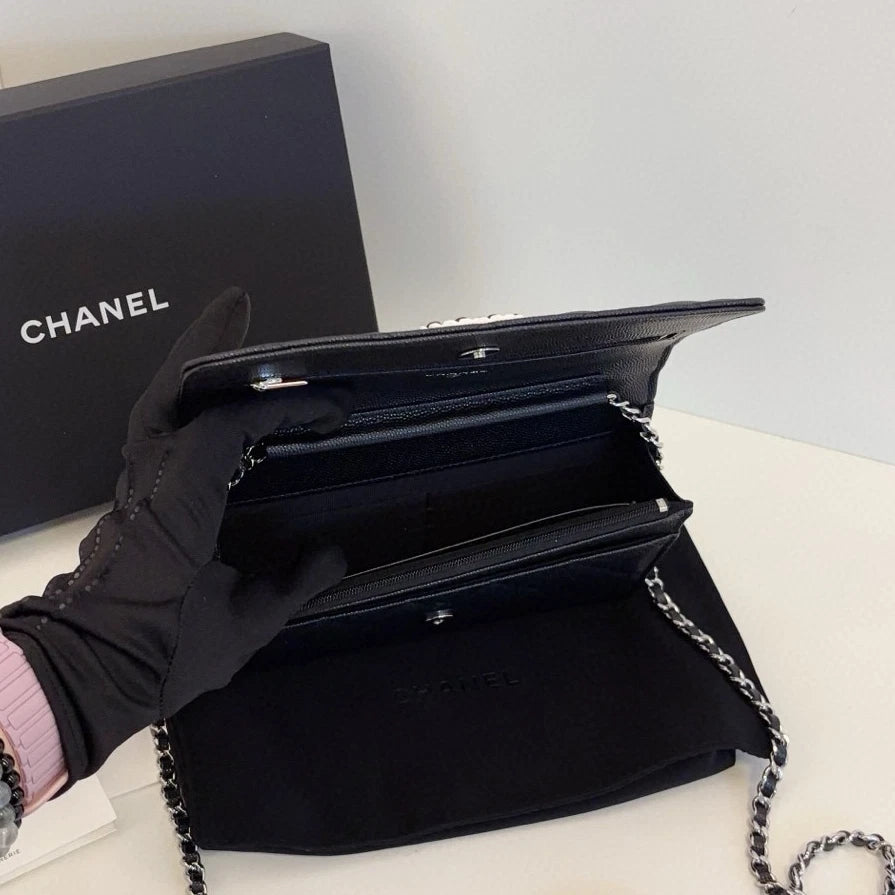 Chanel WOC Diamond Chain Top Handle Shoulder Bag Black Silver Women Classic