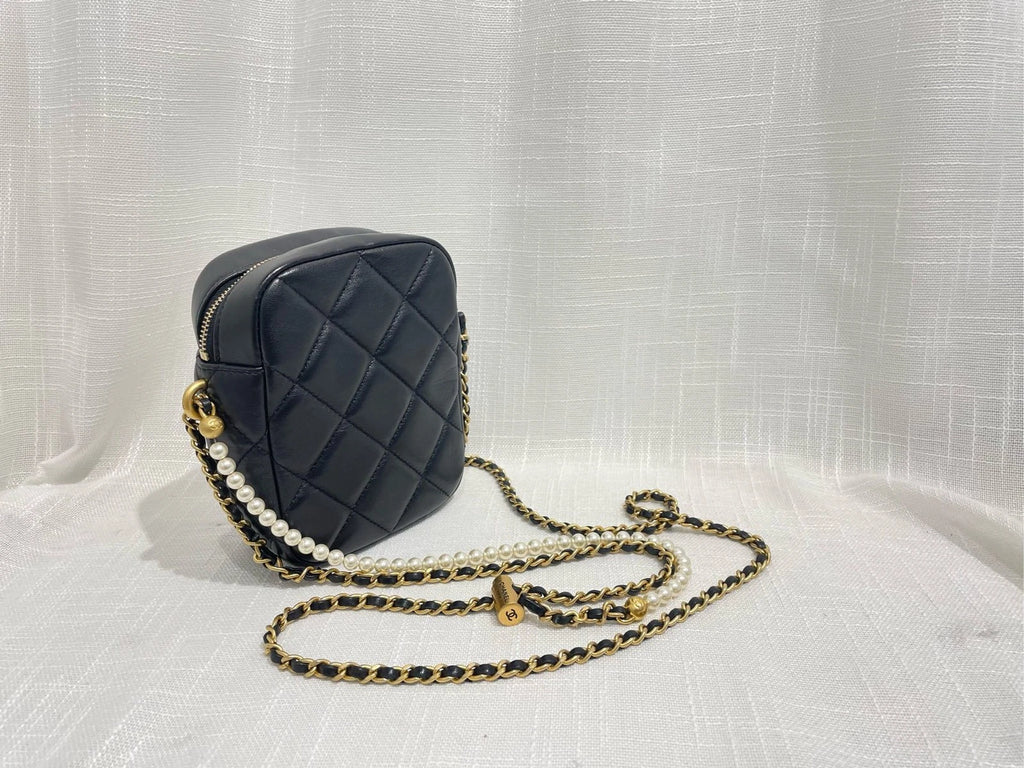 CHANEL Leather Mini Pearl Chain Camera Crossbody For Women