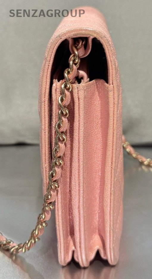 Chanel WOC Calfskin Chain Shoulder Bag Crossbody Pink Gold Women Classic