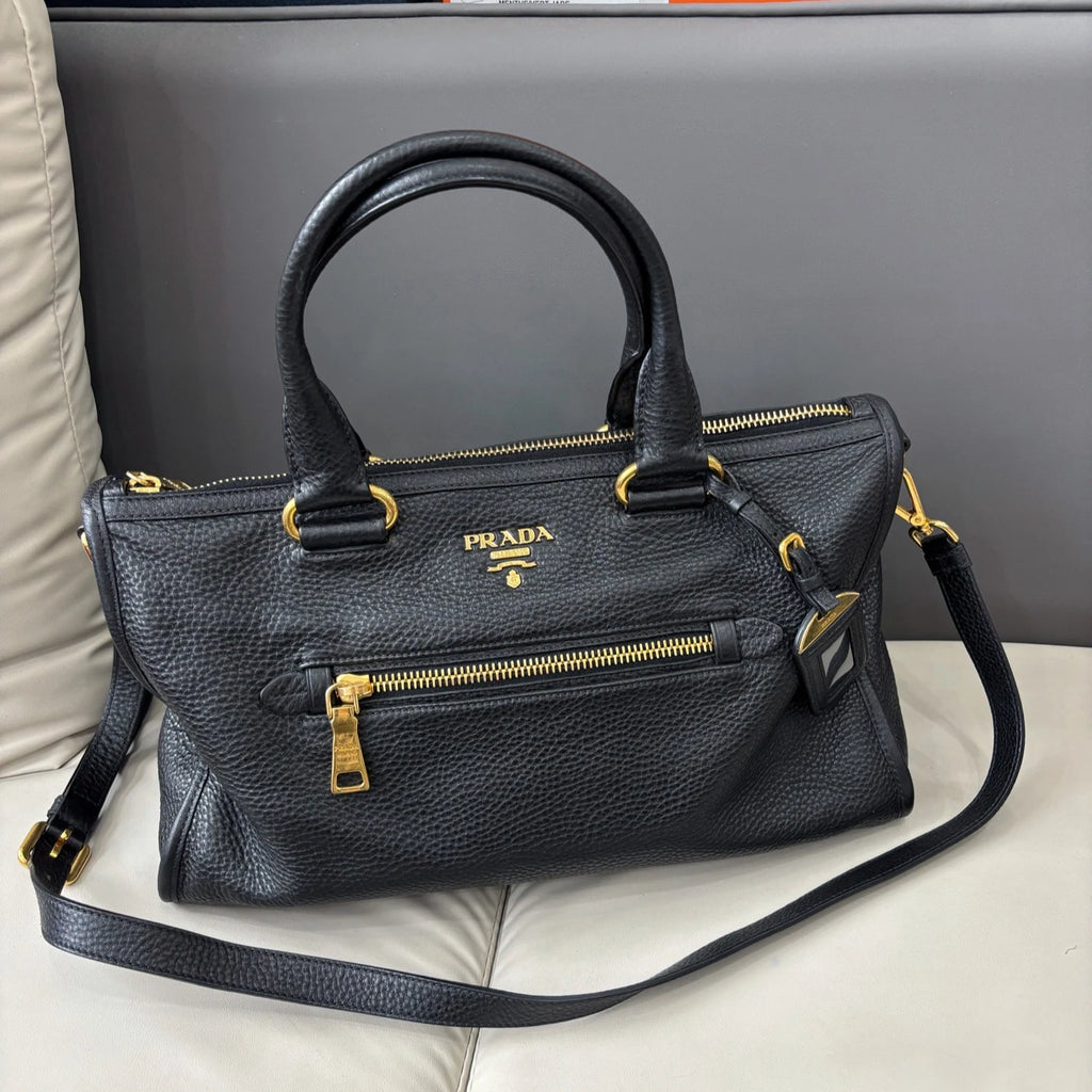 Prada Tote Black 2Ways Top Handle Shoulder Bag Gold Hardware Women Classic