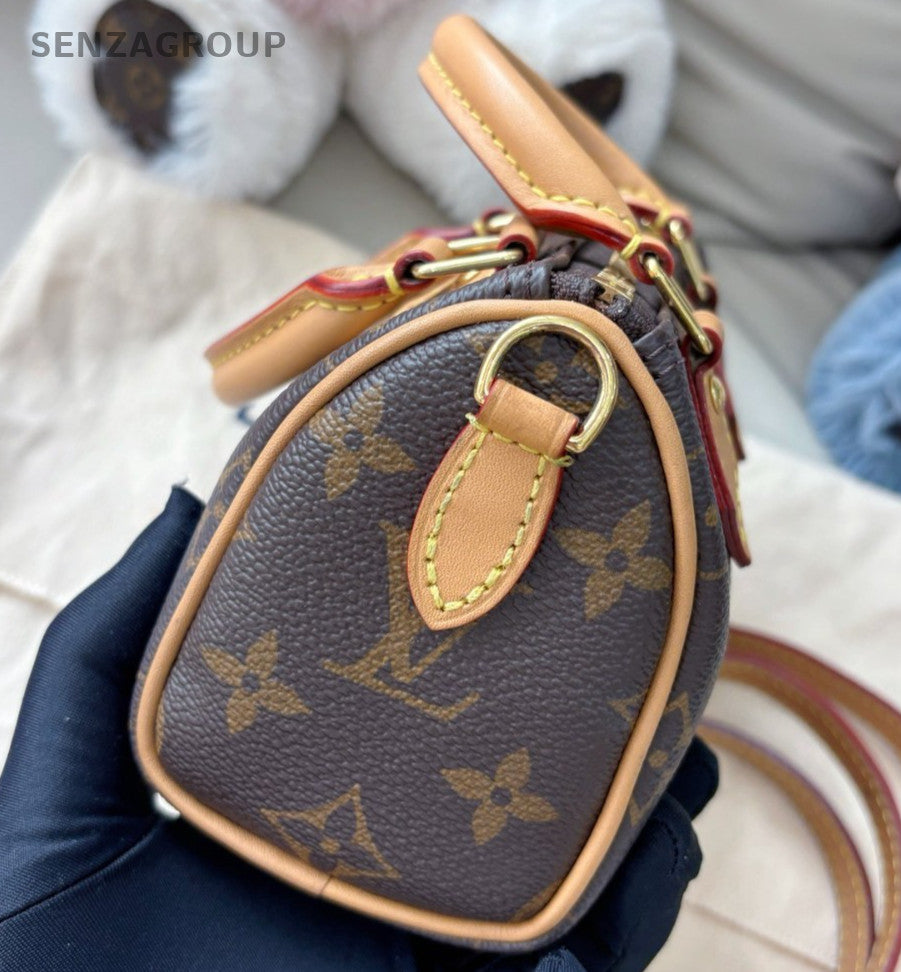 Louis Vuitton Nano Speedy Monogram Top Handle Bag Crossbody Brown Gold Women