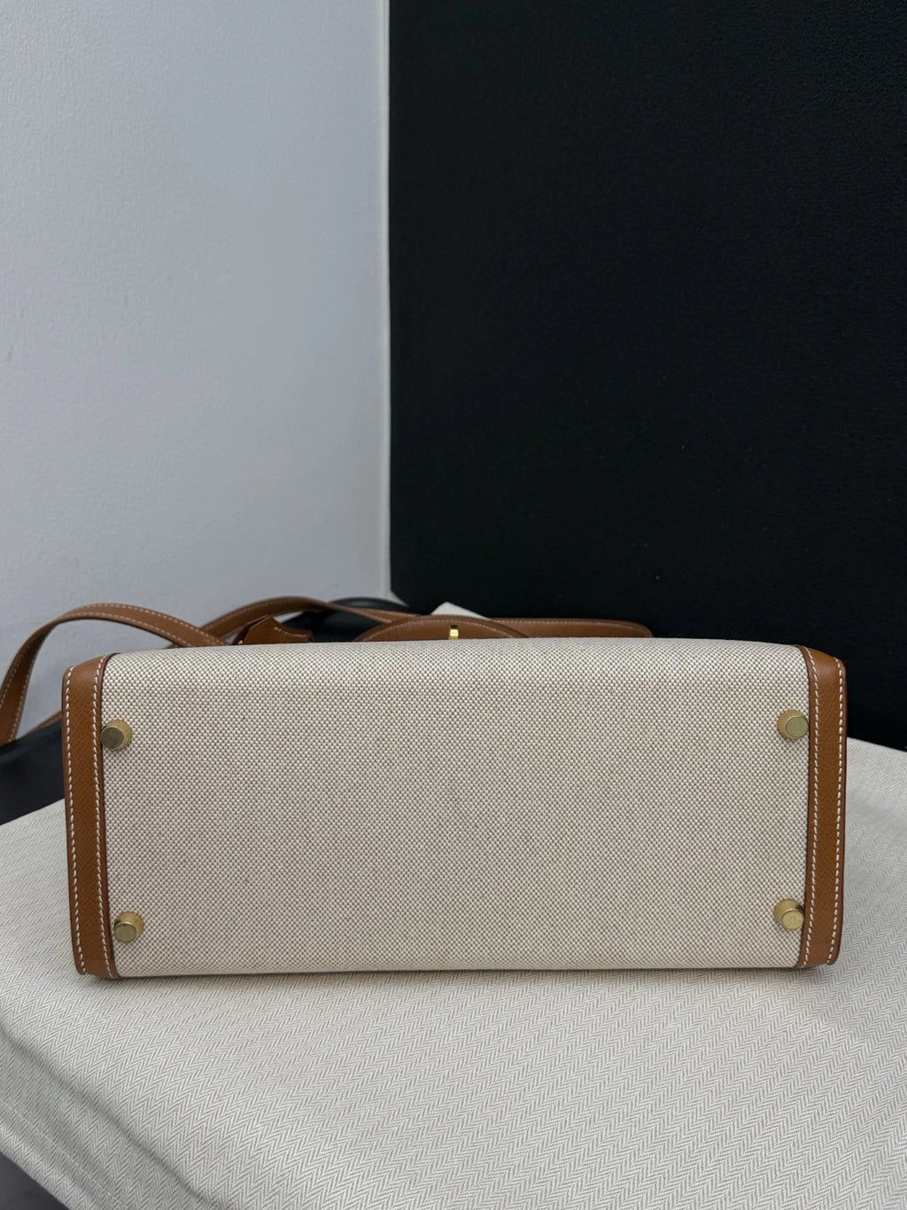 Hermes Kelly28 Canvas Top Handle Bag Crossbody Beige Brown Classic Women