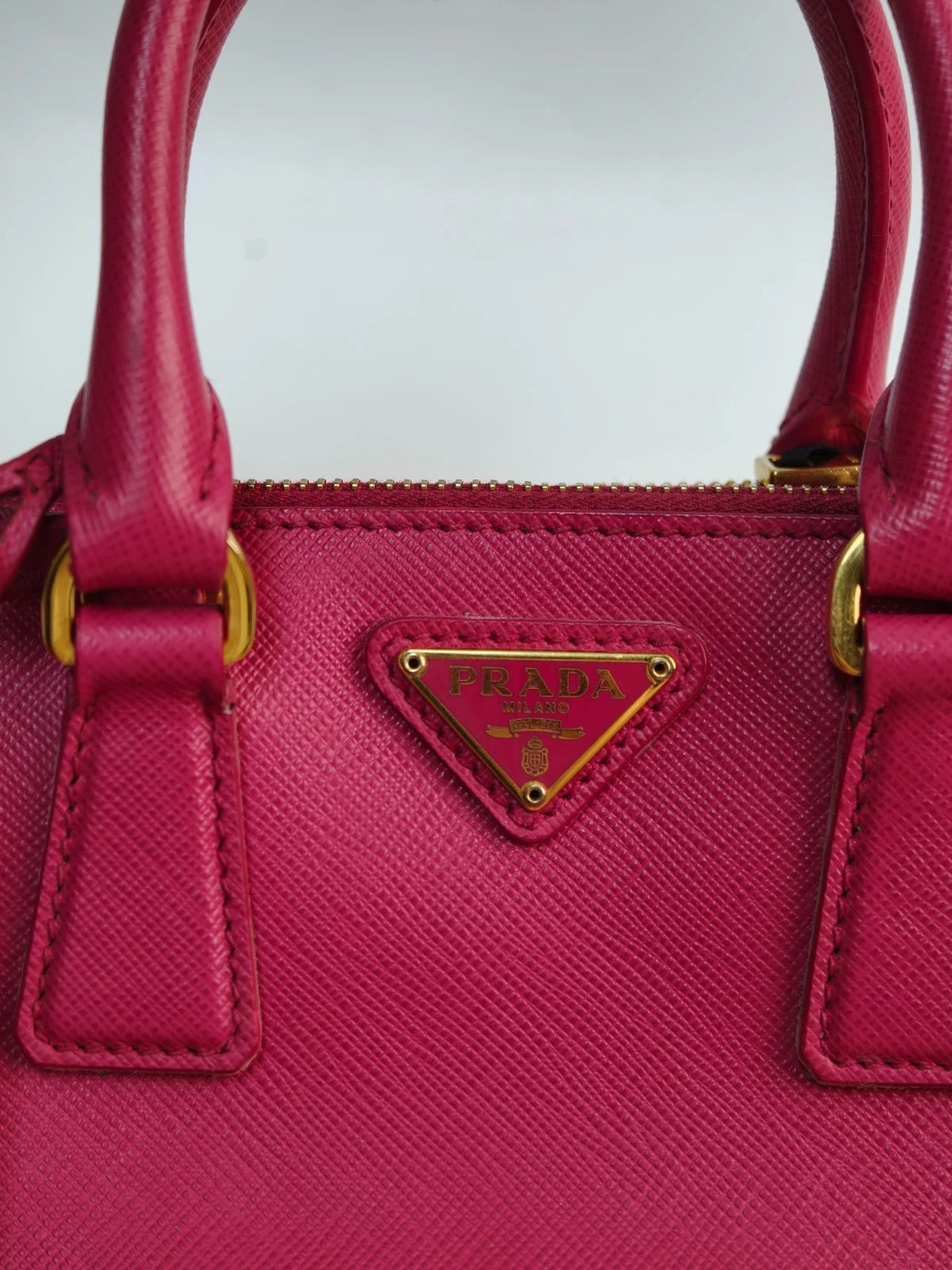 Prada Galleria Mini 2Way Top Handle Bag Crossbody Rose Red Gold Classic Women