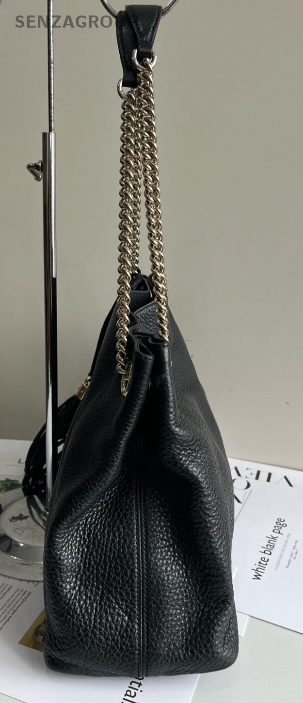 GUCCI SOHO GG Logo All Leather Chain Shoulder bag Black Women